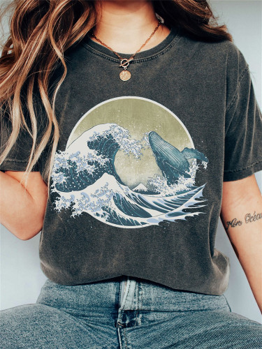 Whale Breach Japanese Art Vintage Washed T Shirt