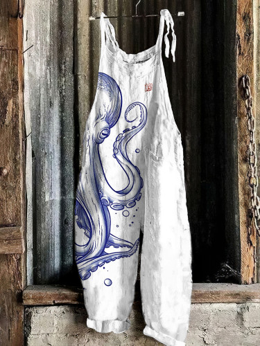 Japanese Art Vintage Octopus Print Casual Loose Jumpsuit