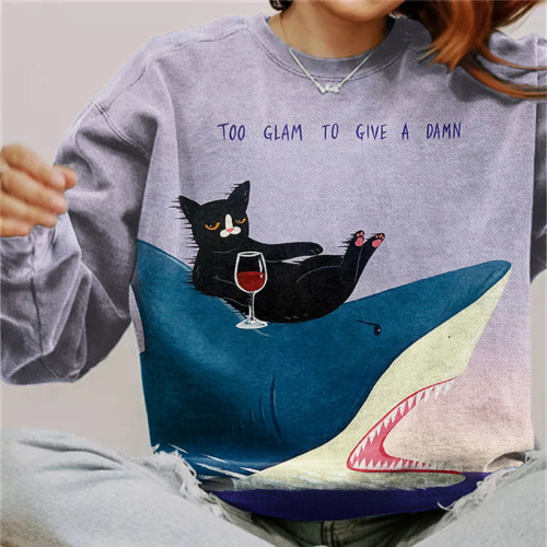 Too Glam To Give A Damn Cat Print Sweatshirt