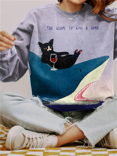 Too Glam To Give A Damn Cat Print Sweatshirt