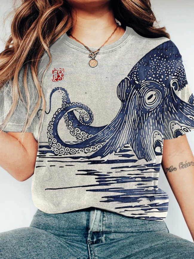 Japanese Art Sea World Vintage Octopus Graphic Painting Art T-Shirt