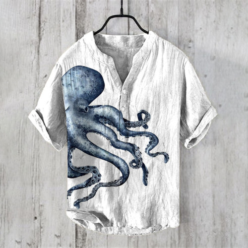 Japanese Octopus Retro Art Print V-Neck Short Sleeved Shirt