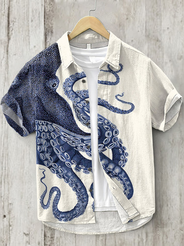 Japanese Art Octopus Print Lapel Short Sleeve Shirt