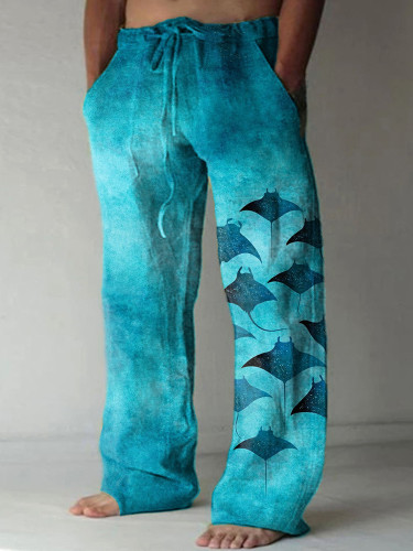 Manta Rays Art Print Linen Blend Casual Pants