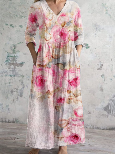 Vintage Floral Art Print Casual Cotton Dress