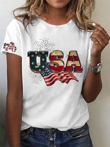Women's Independence Day USA Flag Americana  Casual Tee