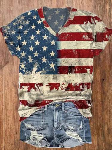 Women's Vintage Distressed American Flag Independence Day Print V-Neck T-Shirt