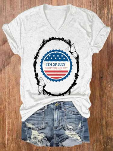 Women's Independence Day Printed V-Neck T-Shirt