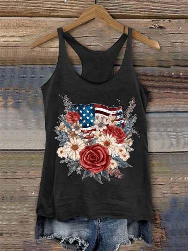 Womens Independence Day Retro Floral Black Casual Vest
