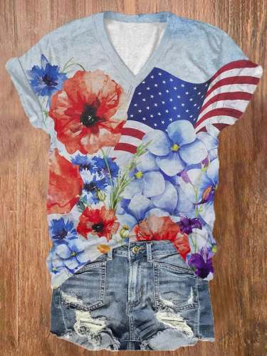 Women's Independence Day Flag Floral Print Casual V-Neck T-Shirt