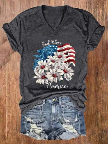 Women's American Flag Independence Day Print V-Neck T-Shirt