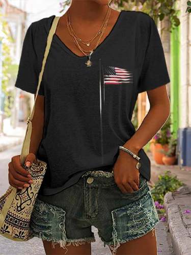 Women's Independence Day America Flag Print Casual V-Neck Tee