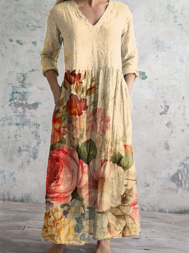 Vintage Chic Floral Art Print Casual Blend Dress