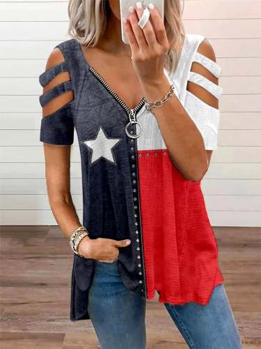 Women's Vintage American Flag Print Zipper Off Shoulder Casual T-Shirt