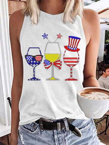 Women's Independence Day Wine Glass Flag Print Vest