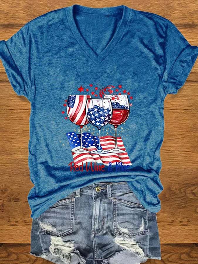Women's Red Wine and Blue Print T-shirt