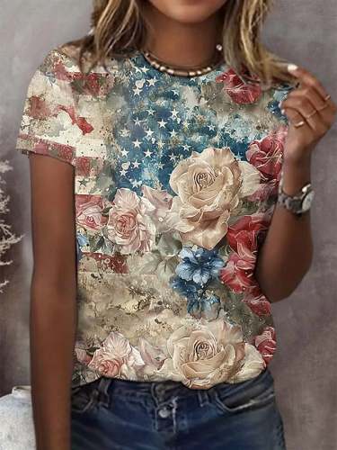 Women'S Independence Day Round Neck Retro Floral Print Casual T-Shirt