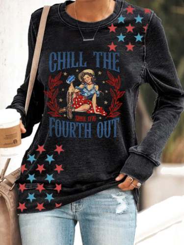 Women's Independence Day Chill The Fourth Out Print Long Sleeve Sweatshirt