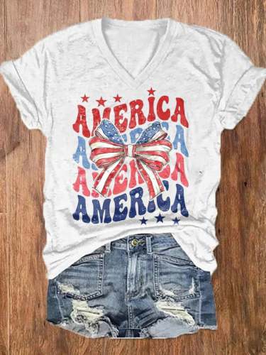 Women's American Flag Independence Day Print V-Neck T-Shirt