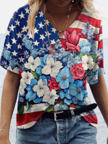 Women'S Independence Day Vintage Art Floral Print Casual T-Shirt