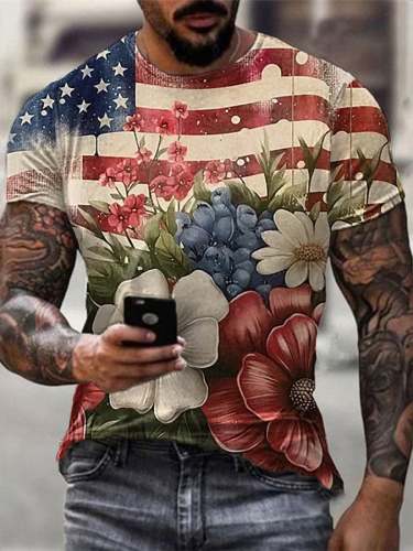Men's Independence Day Floral Print Casual T-Shirt