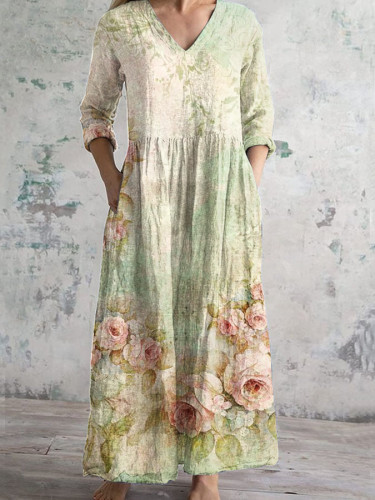 Vintage Floral Art Pattern Printed Casual Cotton Dress