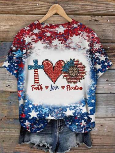 Women's Independence Day Faith Love Freedom Heart Sunflower Print Casual Tee