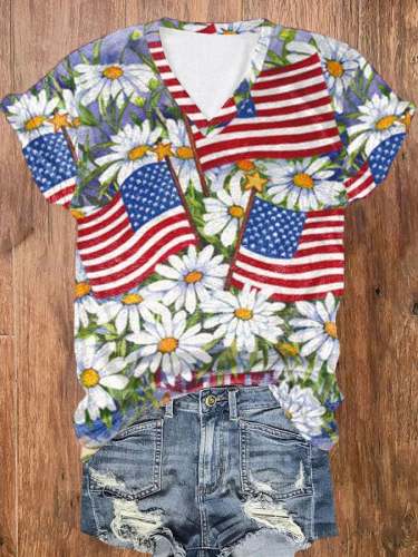 Women's Independence Day Flag Floral Print Casual T-Shirt