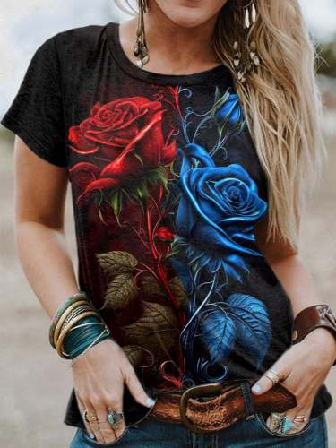 Women'S Round Neck Independence Day Red And Blue Rose Print Casual T-Shirt