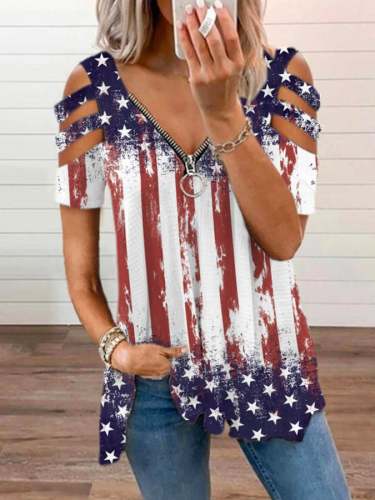 Women's Vintage American Flag Print V-Neck Casual T-Shirt