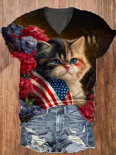 Women's Retro Distressed American Flag Cat Print Casual T-Shirt