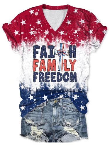Women's Faith Family Freedom 4th Of July Print T-Shirt