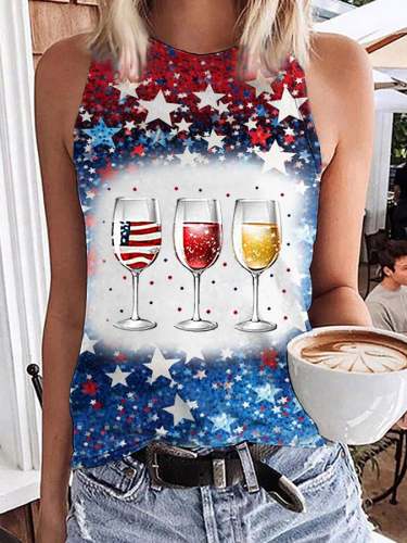 Women's Independence Day Red Wine Blue Wine Glass Print Casual Vest