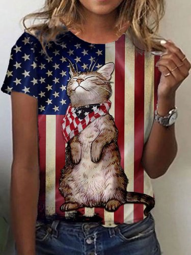Women's Independence Day American Flag Cute Cat Print Casual Tee
