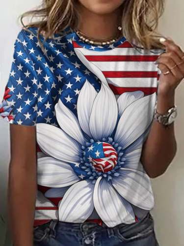 Women's Flag Flowers Print  Casual T-Shirt