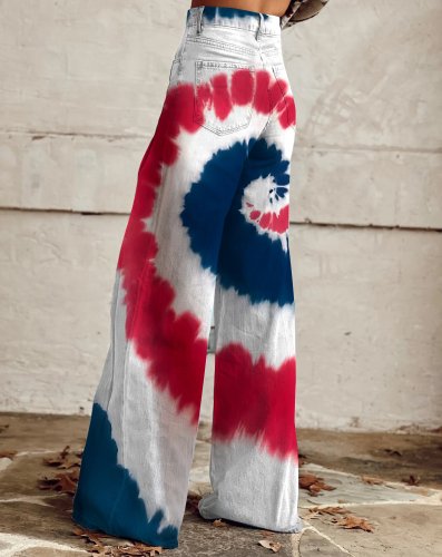 Women's Retro Independence Day Tie Dye Ombre Print Wide Leg Pants