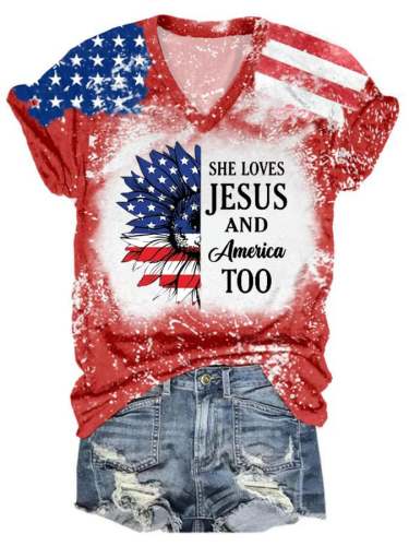 Women's Independence Day She Loves Jesus and America Too Printed V-neck T-shirt