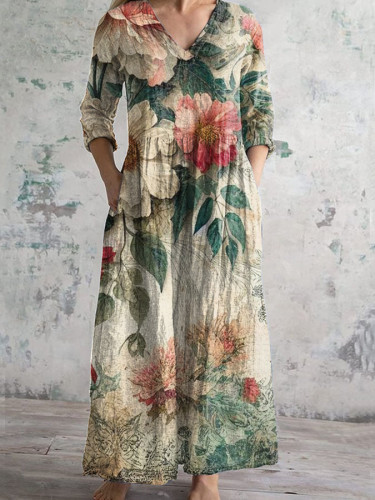 Vintage Chic Floral Print Pocket Casual Dress