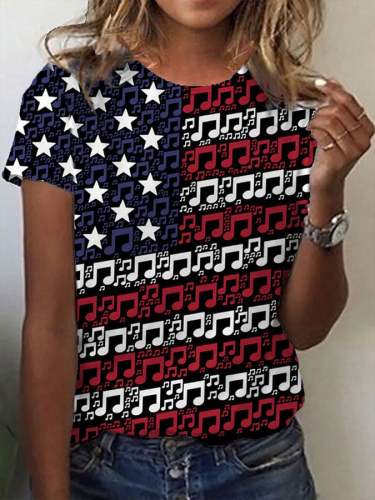 Women's Independence Day Note Flag Print Crew Neck T-Shirt
