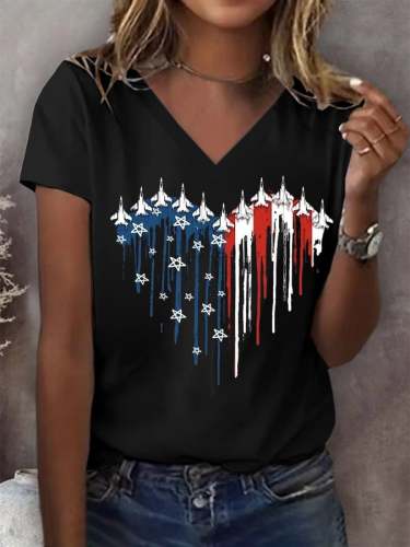 Women's Flag Independence Day V-Neck Printed T-Shirt