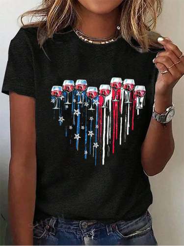 Women's Independence Day Love Wine Glass Print T-Shirt