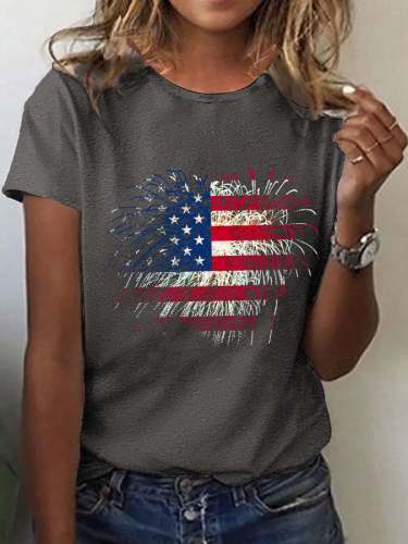 Women's Independence Day Love Fireworks Flag Print T-Shirt