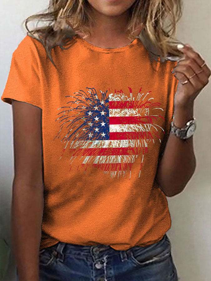 Women's Independence Day Love Fireworks Flag Print T-Shirt