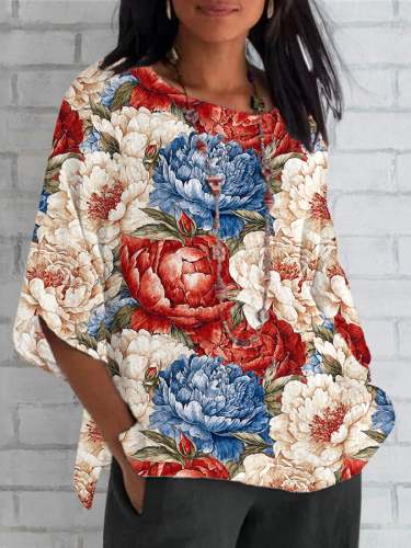 Women's Independence Day Red, White And Blue Floral Print Top