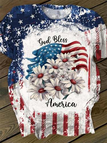 Women's Independence Day American Flag Flowers God Bless America Flag  Print Casual Tee