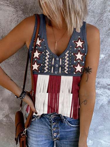 Women's Vintage Flag Independence Day Printed Casual Tank Top