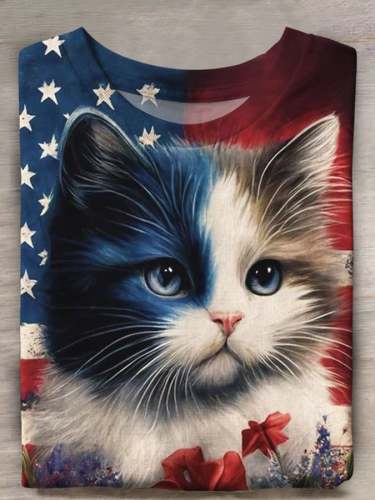 Vintage American Flag Cat Print Casual Top