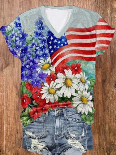 Women's Independence Day Flag Floral Print Casual T-Shirt
