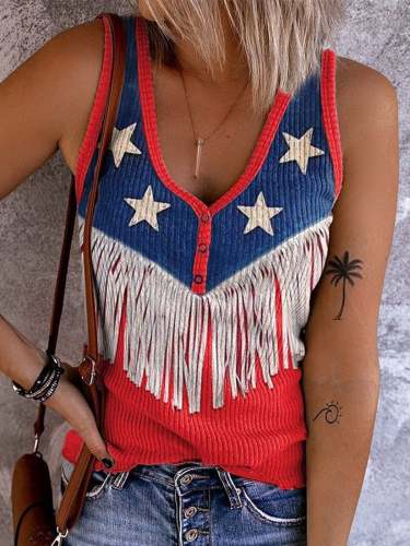 Women's American Flag Pattern Tassel Art Print V-Neck Sleeveless Tank Top