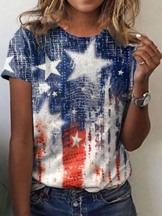 Women's 4th of July USA Flag Art Printed T-Shirt